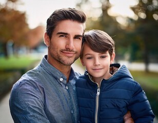 Fototapeta premium A father and son share a heartfelt embrace in the park 