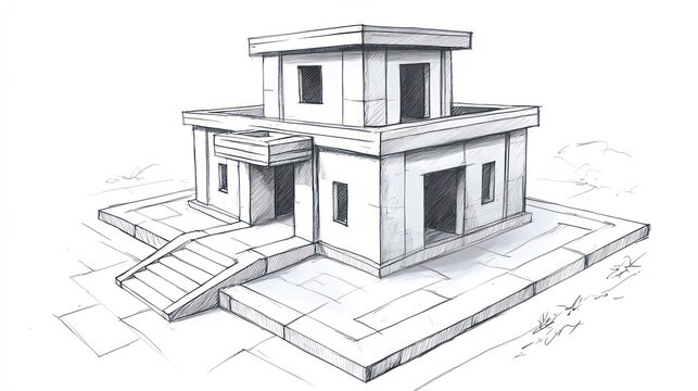 Mayan-style house sketch, grassy landscape background, architectural design
