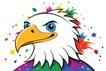 Colorful artistic bald eagle  in with   colorful paint splatters on white background.