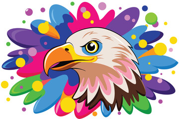Colorful artistic bald eagle  in with   colorful paint splatters on white background.