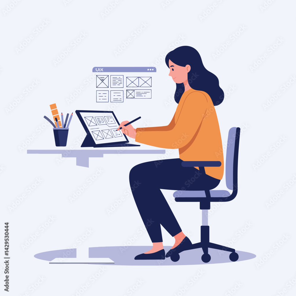 Poster woman working on digital tablet designing user interface with stylus at desk vector illustration