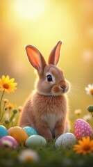Cheerful Easter Bunny Among Colorful Eggs in Spring Garden