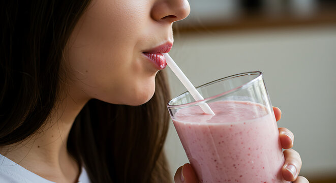 Woman drinking strawberry milkshake  - Powered by Adobe