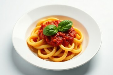 Plate of pasta with tomato sauce, white backdrop, close-up, italian, traditional