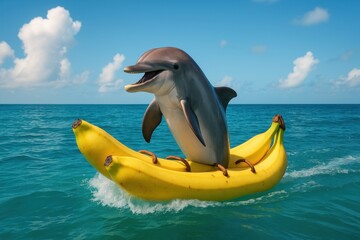 Playful dolphin balancing on banana in the ocean
