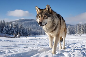 Naklejka premium A dire wolf in breathtaking snowy mountain landscape view