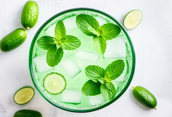 Obraz premium A glass of cucumber mojito with mint and lime slices.