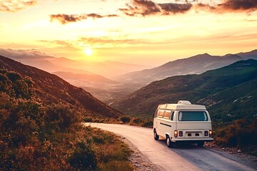 Vintage van journeying through mountain landscape at sunset