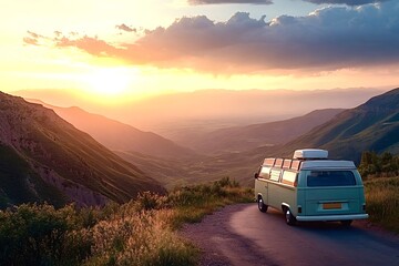 Obraz premium Vintage camper van enjoying golden sunset in mountain landscape