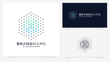Vector letter H with dot connections in the form of a hexagonal cube icon symbols. Abstract unique monogram logo design inspiration. Gradient colors.	
