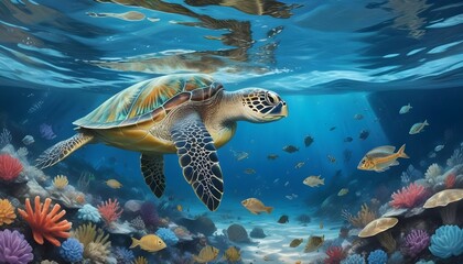 Fototapeta premium Sea Turtle Swimming Underwater in Natural Ocean Habitat