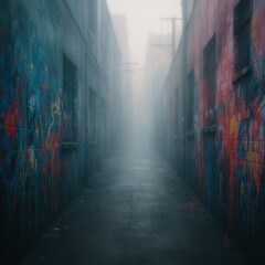 Fototapeta premium Foggy urban alley with colorful graffiti murals on wet walls in mysterious atmosphere