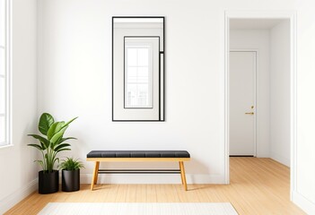 A black and white bench sitting in front of a mirror.