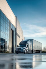 New Freightliner semi truck parked outside warehouse