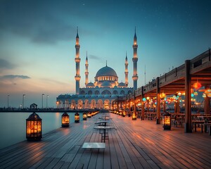 Fototapeta premium Beautiful mosque illuminated at dusk with a pier and lanterns