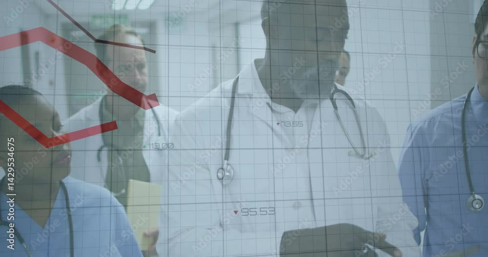 Poster medical team analyzing patient data in hospital corridor, showing animated grid with red line graph