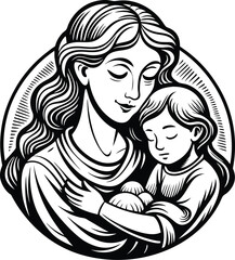 Mother and Baby Tender Embrace in Black and White Line Art.