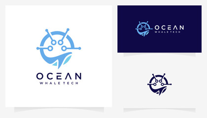 Whale and dot connection technology logo design ideas. Creative vector ocean tech & science, based icon template.