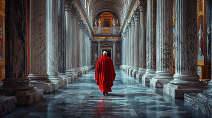 Bishop dressed in red walking in a corridor in the Vatican