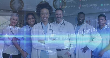 Medical team in scrubs standing in hospital corridor, displaying binary code and graph overlays - Powered by Adobe
