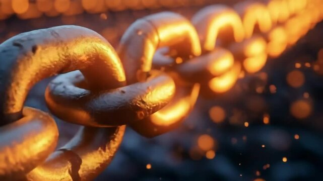 Motion of the textured, metallic links of a heavy chain, illuminated by warm, glowing light against a dark