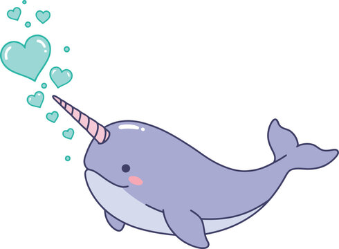 Cute cartoon narwhal blowing heart bubbles illustration in pastel colors vector 