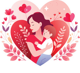  Mother and Child Silhouette with Heart and Pink Flowers.