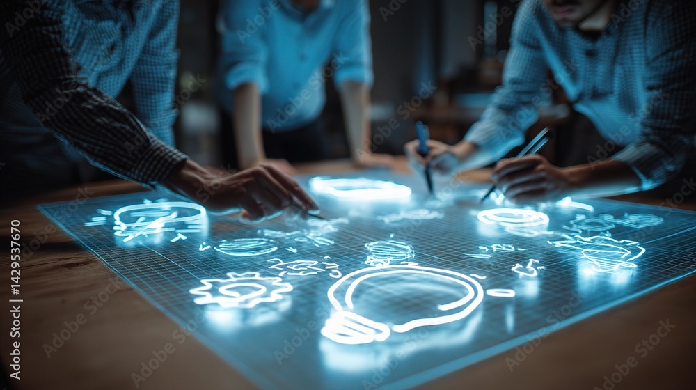 Poster collaborative team brainstorming with glowing ideas on table
