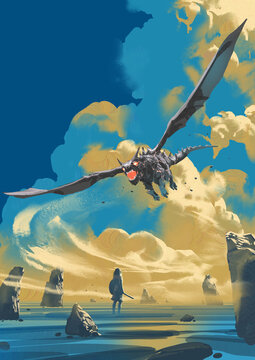 Fototapeta A fantasy warrior stands ready in a striking blue desert as a massive dragon descends from dramatic skies creating a scene of tension and myth, digital art style, illustration painting