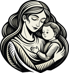 Nurturing Bond of Mother and Baby in Retro Woodcut Style.