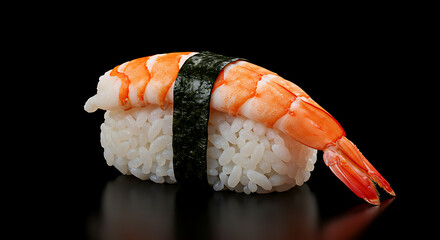 Delicious nigiri sushi featuring a vibrant shrimp, perched atop a bed of rice and elegantly secured with a strip of dark seaweed.