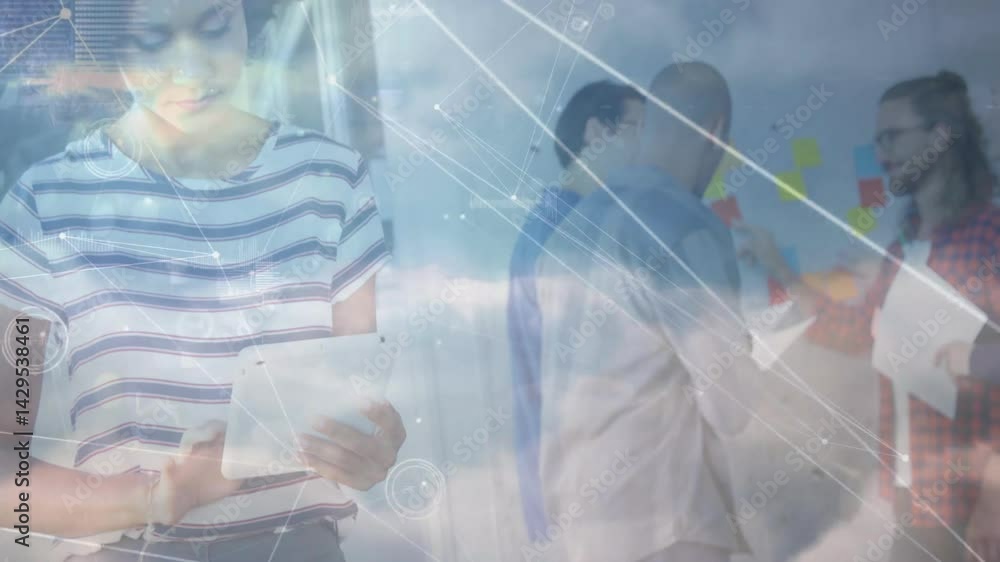 Aufkleber student using tablet and team shaking hands in business office, showing digital graphs and notes