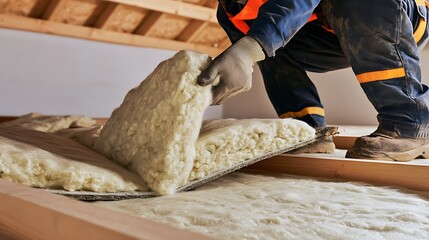 Worker Installing Insulation in Attic