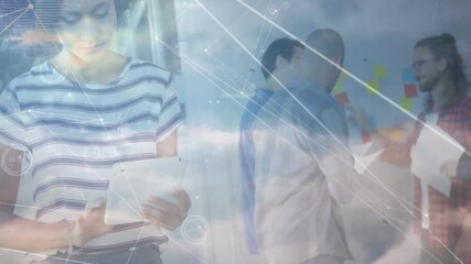 Student using tablet and team shaking hands in business office, showing digital graphs and notes - Powered by Adobe