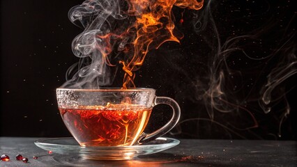 &ldquo;A conceptual art piece showing a mystical beverage in a translucent glass teacup. The liquid appears alive, twisting with explosive power and vibrant orange-red flames. Dynamic composition highlights