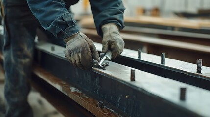 Worker Assembling Metal Beams in Construction Site