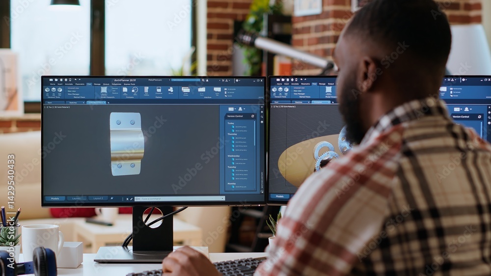 Poster african american designer uses 3d modeling tools and cad software for industrial projects. working o