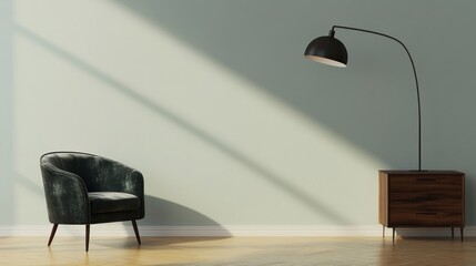 Obraz premium Minimalist living room interior with armchair and floor lamp.