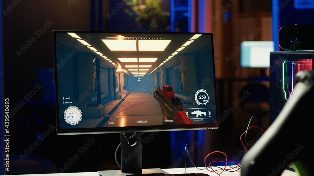 Aufkleber shooting videogame on pc with neon lights illuminated components in empty apartment. science fiction