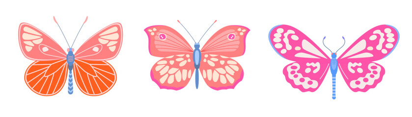 Three butterflies, moths with spread wings of different shapes and patterns in red, orange colors. Cute vector illustration in childish flat style for fabric design, wrapping paper, greeting card.