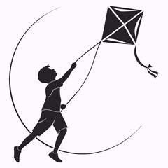 Boy Silhouette Running And Flying Kite Outdoor Activity Minimalist Graphic Design
