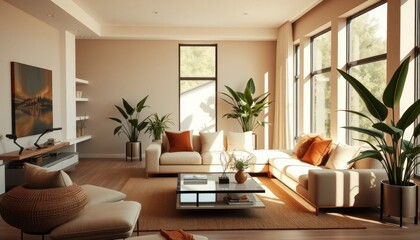 Fototapeta premium Sunlit contemporary living room with biophilic design elements