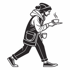 Stylized Man Carrying Coffee Silhouette Graphic Illustration For Cafe Menu Designs