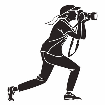 recommend clip art: Black Silhouette Of Female Photographer In Action Shooting With Her Camera