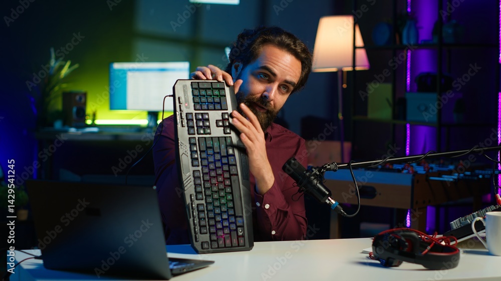 Poster man in studio reviewing gaming keyboard received from sponsoring brand. online show host paid to pro
