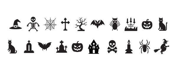 Spooky Halloween Icons Set – Black and White Vector Silhouettes for Holiday Designs
