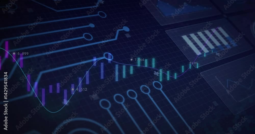 Poster candlestick bars pulsing while neon line graph climbing across futuristic grid dashboard