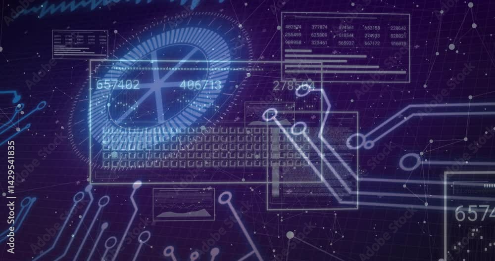 Poster holographic grid panel displaying numeric readouts and radial gauge, floating over purple grid