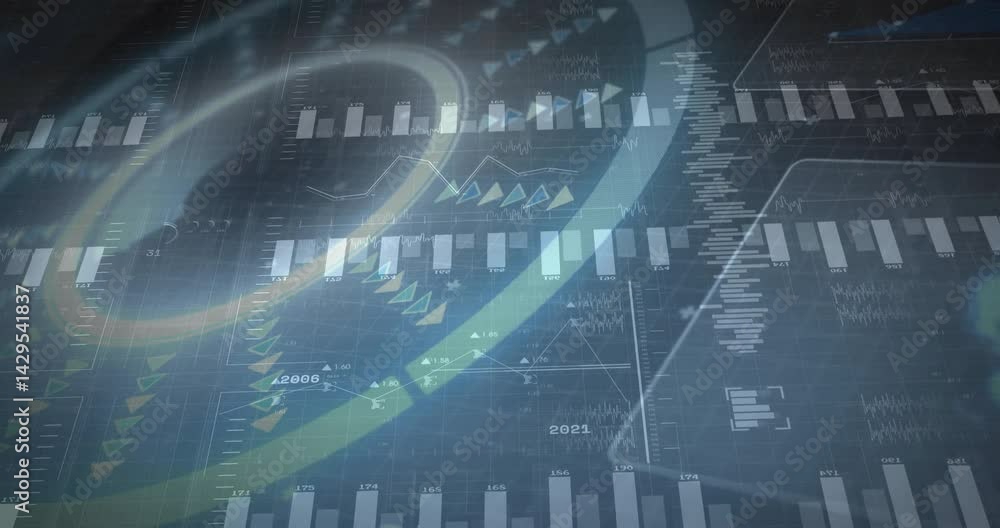 Poster data dashboard displaying bar charts and line graphs in holographic interface with curved streaks