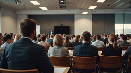 Business and entrepreneurship symposium. Speaker giving a talk at business meeting. Audience in the conference hall. Rear view of unrecognized participant in audience.
